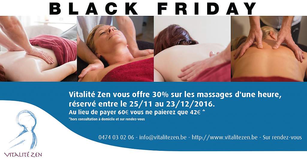Vitalité Zen vous offre 30% sur les massages d’une heure, réservé entre le 25/11 au 23/12/2016.