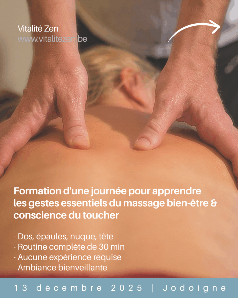 Formation d'une journée pour apprendre
les gestes essentiels du massage bien-être & conscience du toucher - Dos, épaules, nuque, tête
- Routine complète de 30 min
- Aucune expérience requise
- Ambiance bienveillante